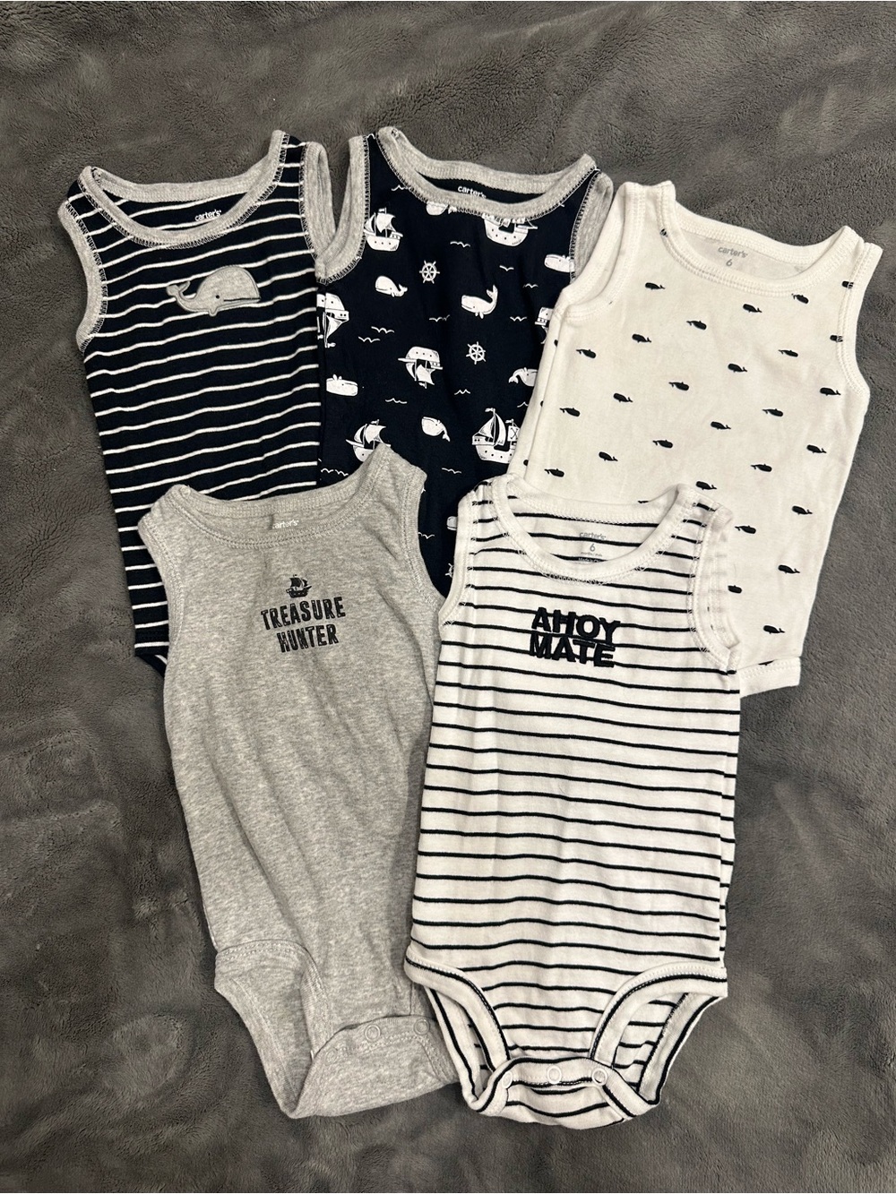 Carter's Navy White & Gray Nautical Sleeveless Baby Bodysuit Set - 5 Pack
